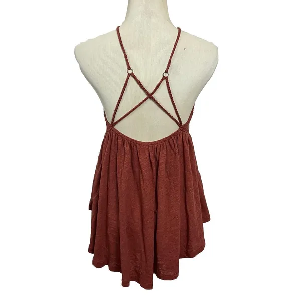 Free People Road Trip Tank Top Womens XS Brown Crochet‎ Halter Open Back Peplum - Image 6