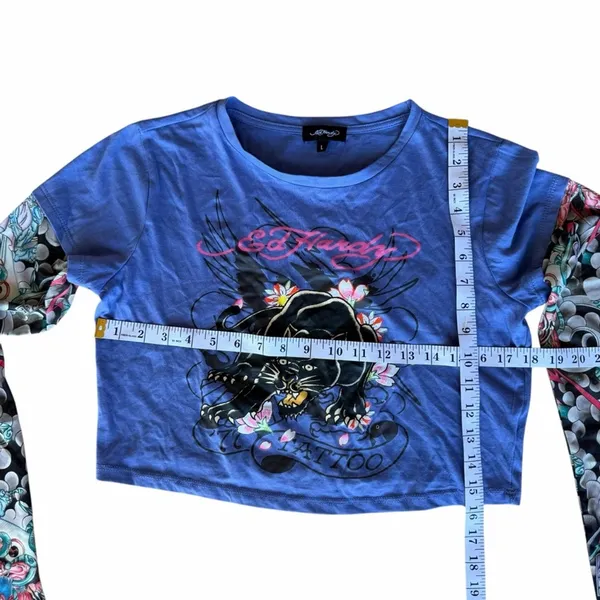 Ed Hardy Vibrant Blue Panther Graphic Crop Top With Mesh Tattoo Sleeves Large - Image 5