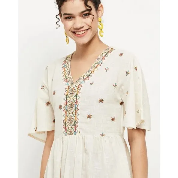 Max Women Cream Cotton Boho Embroidered V-Neck Ruffle Hem Mini Dress - Image 2