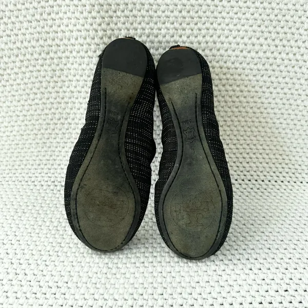 Tory Burch Black Gold Tweed Fabric Caroline Classic Reva Ballet Flats Shoes 6.5 - Image 10