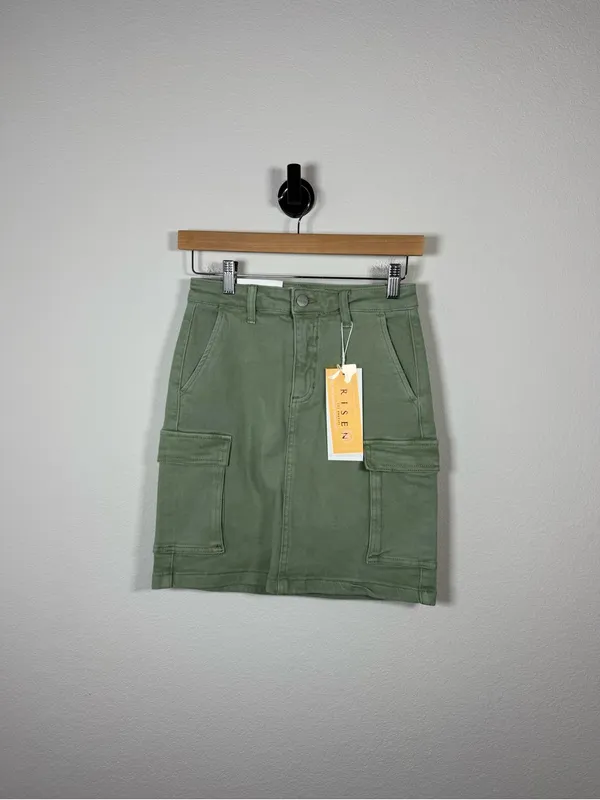 Risen Cargo Mini Skirt Olive Stretch Utility Pockets Size S Green - Image 2