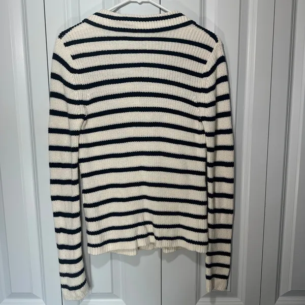 Striped Knit Cardigan Sweater Navy Blue Small Coastal Nautical Preppy Cotton - Image 5