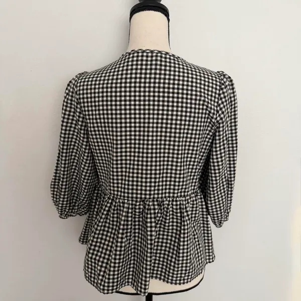 Boutique black & white gingham bow tie up blouse with mini red bows & red rosebuds - Image 4