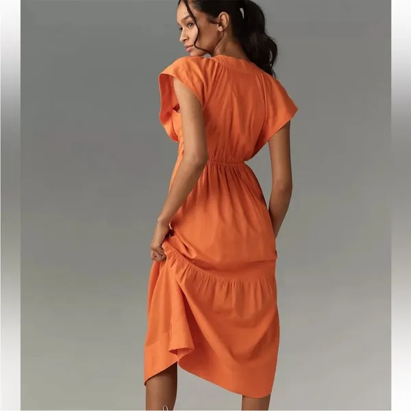 Anthropologie Orange Flutter Sleeve Button Front Midi Dress XS - Image 2