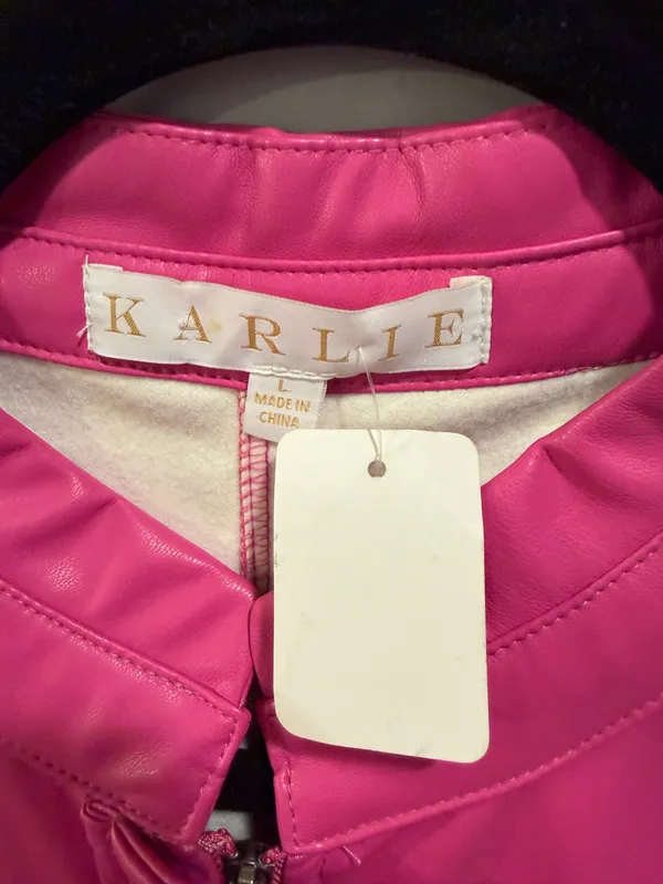 Karlie Faux Leather Long Sleeve Barbie Pink Belt Detail Romper - Image 7