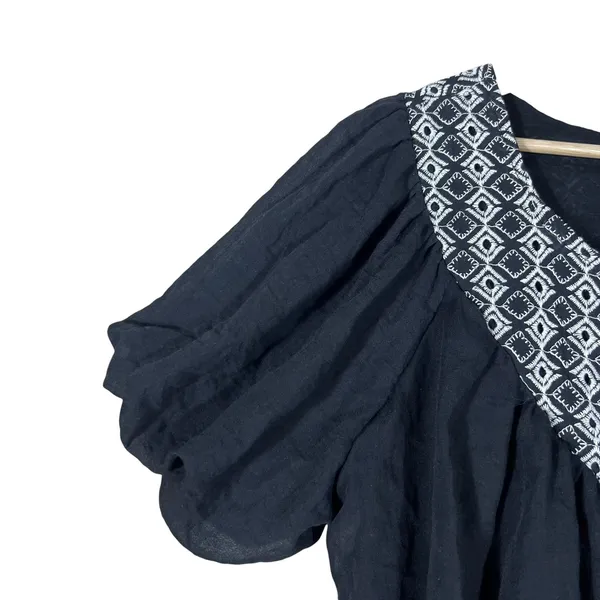 Life Embroidered Geometric Peasant Crop Top Black Boho Puff Sleeve Size L - Image 3
