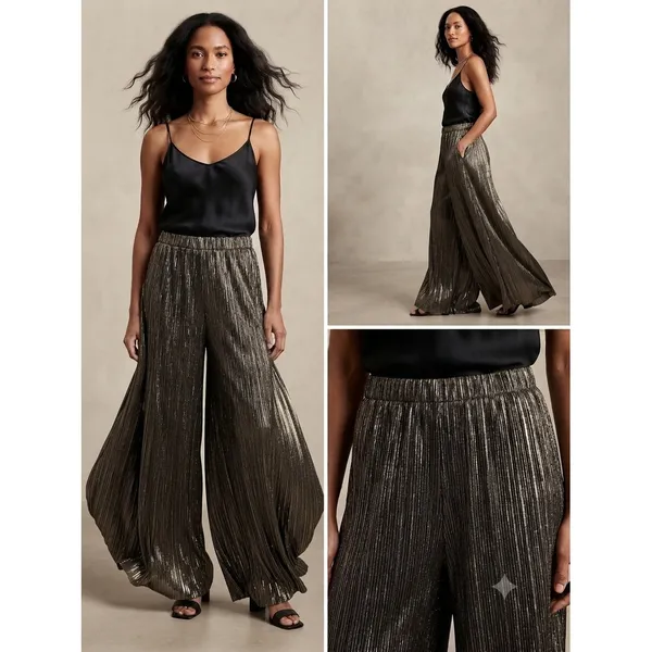 Zara Pants Women Small‎ Gold Wide Leg Pleated Metallic High Waist Party Holiday - Image 2