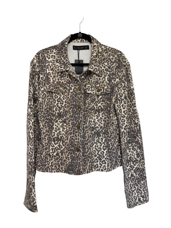 NEW Lioness Rider Seamed Denim Jacket in Beige Leopard Fade Print - Size L - Image 3