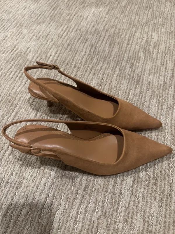 JustFab Mila Pointed Toe Slingback Heels in Camel - Image 2