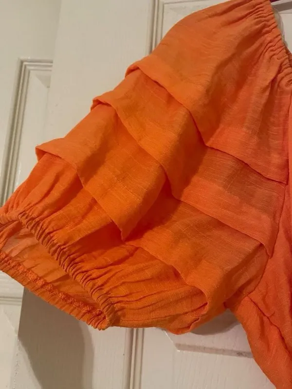 Luxology Vibrant Orange Tiered Puff Sleeve Midi Dress M Tie Waist Cottagecore - Image 5