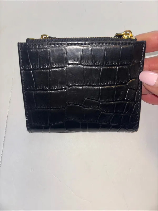 Kurt Geiger Black Embossed Leather Wallet Snap Closure 2 Gold Toned Zip Pockets - Image 3