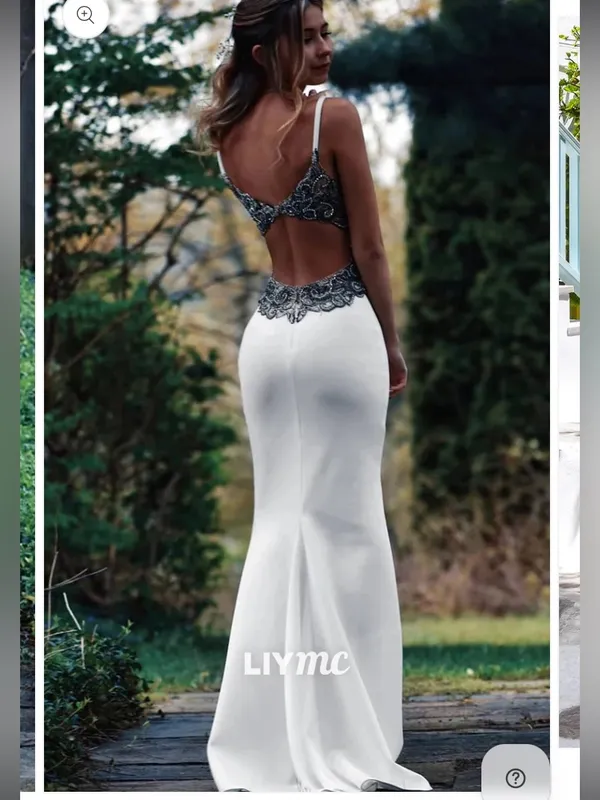 White floor length gown black beaded applique formal prom wedding Halloween - Image 2