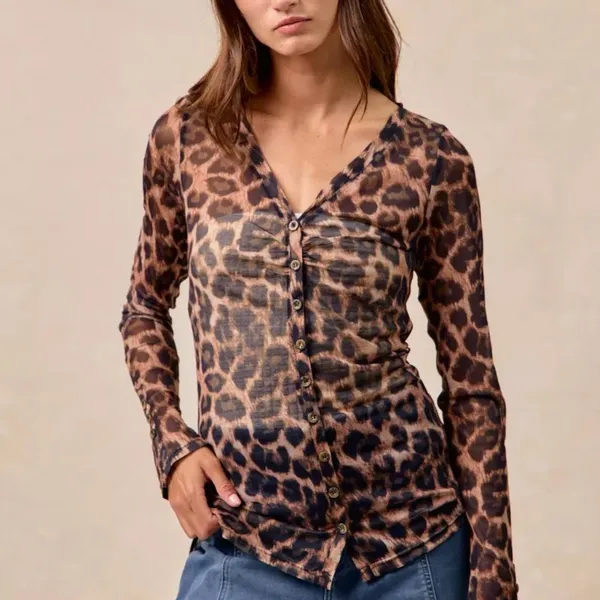 BiBi Leopard Printed Mesh‎ Shirt With Button Up V Neck Size XL - Image 7
