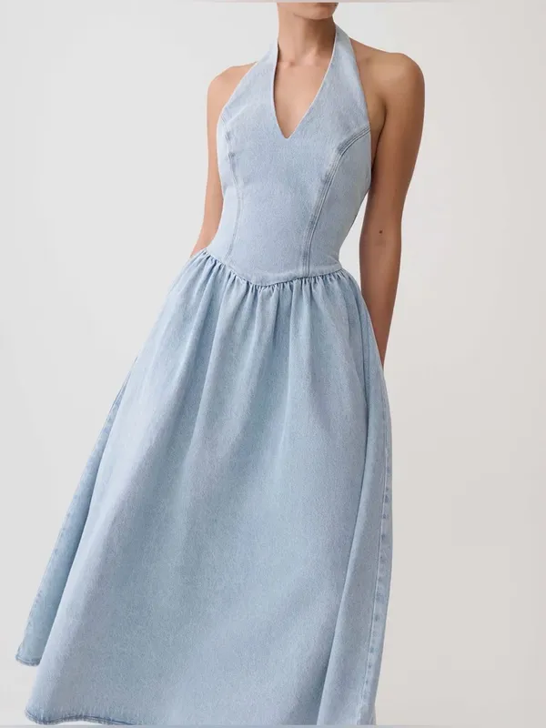 NWT MESHKI miller Light Blue Halter Midi Dress denim wash size XL - Image 5