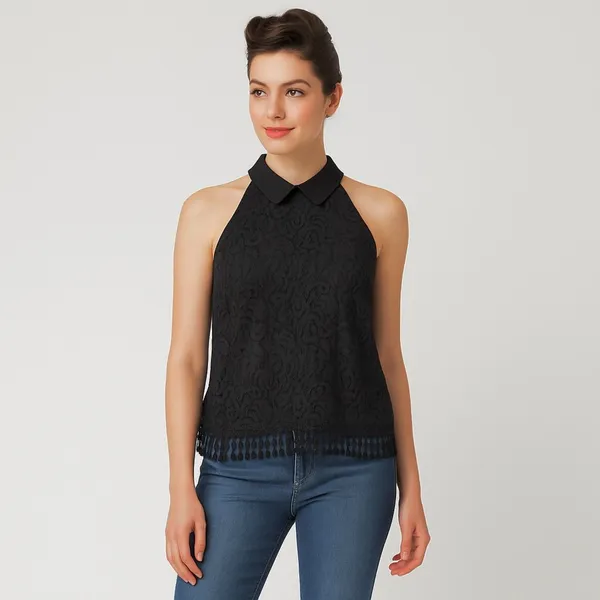 Collective Concepts Peter Pan Collared Top in Black Floral Lace - Image 10