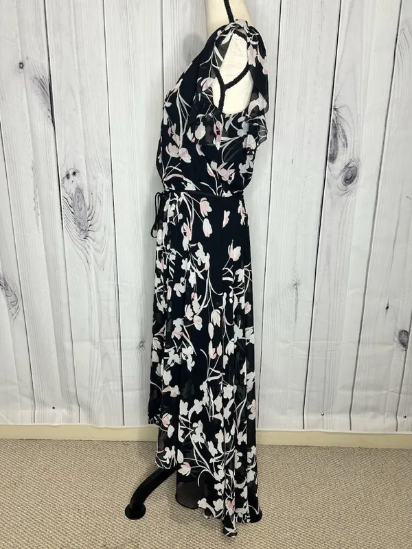 White House | Black Market Sz 8 Chiffon Black Garden Floral Elastic Waist Midi Dress Keyhole Neckline - Image 5