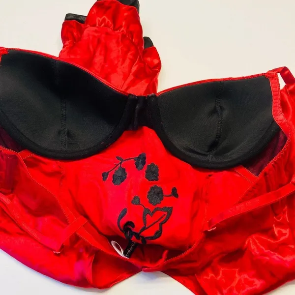 Fredericks of Hollywood Chemise Women 38 Red Satin Floral‎ Embroidered Slip - Image 7