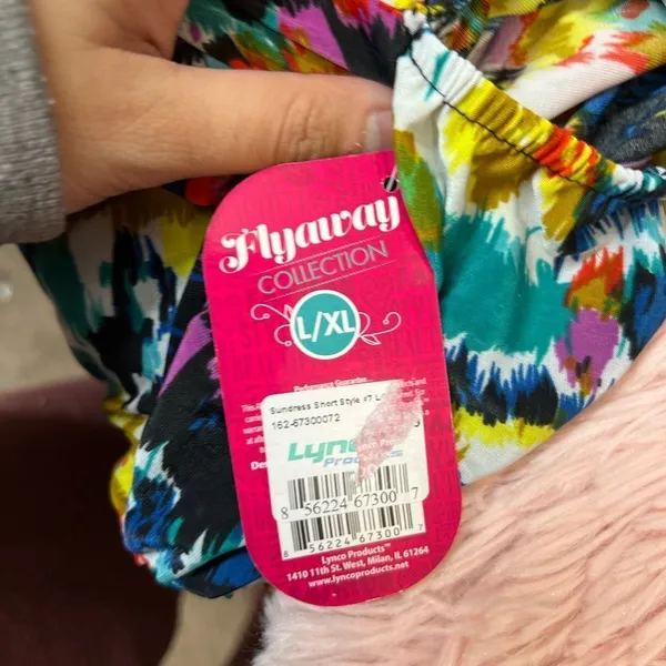 Flyaway Collection Multi-Color Abstract Ikat Cross-Back Handkerchief Hem Dress L - Image 2