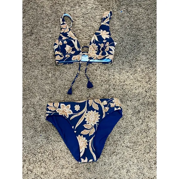 Cupshe Navy Floral Bikini Paisley Set Boho Resort Tassel Tie‎ Top Swim XS New - Image 3