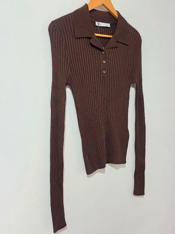Zara Ribbed Knit Polo Top Long Sleeve - Brown - Size M - 3471 - Image 4
