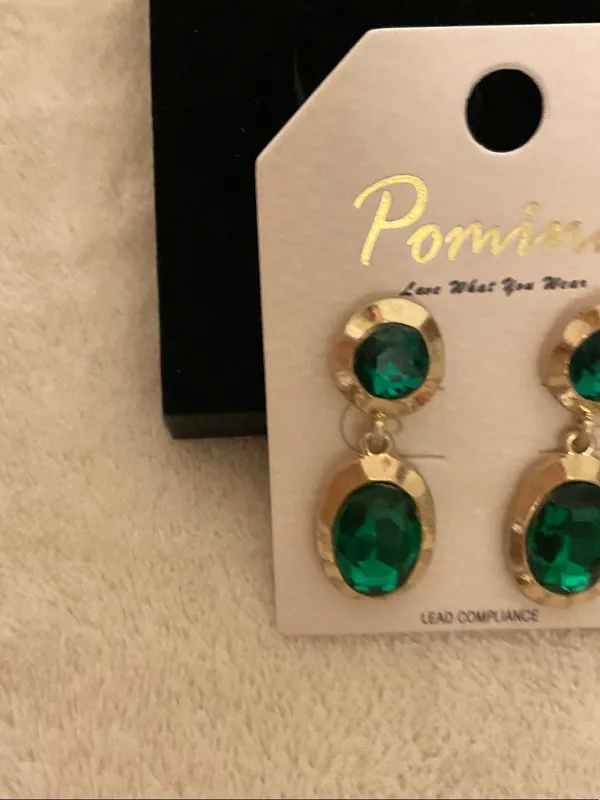 Gold-Tone Drop Earrings with Emerald Green Gemstones - Image 2
