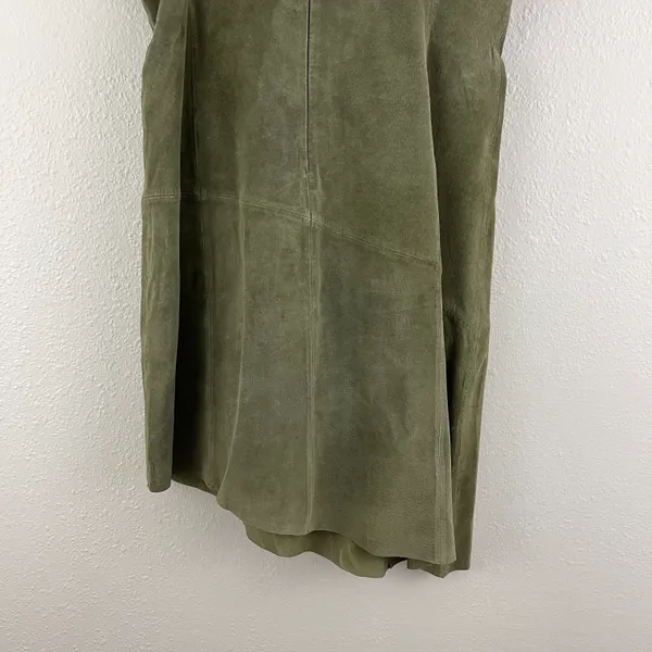 ARTURO Vintage 90s Army Green Suede Leather Grunge Asymmetrical Hem Mini Dress - Image 6