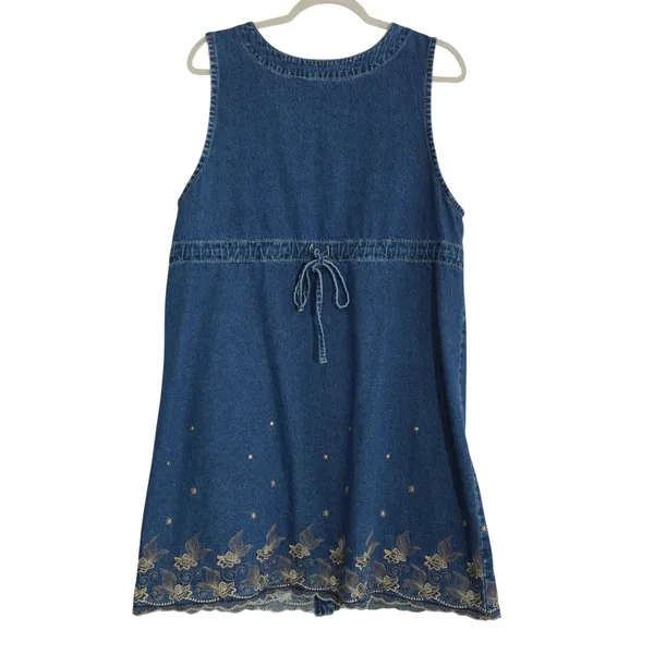 Vintage Denim Button Front Dress Size L Gold Embroidered Scalloped Trim Country - Image 6