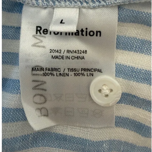 Reformation Blue White Striped Linen Tie Front Button Down Shirt Large - Image 6