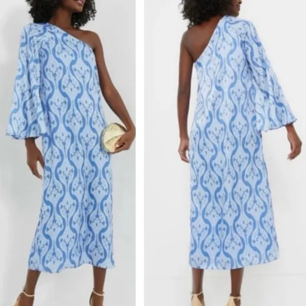 Tuckernuck Hyacinth House Luna Blue One Shoulder Satin Midi Dress - size Large - Image 2