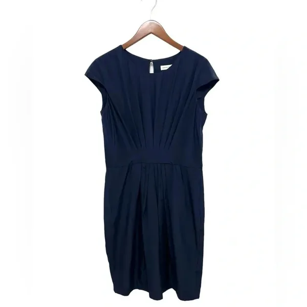 Amanda Uprichard Silk Cap Sleeve Pleated Shift Mini Dress Navy Blue Size L NEW - Image 4