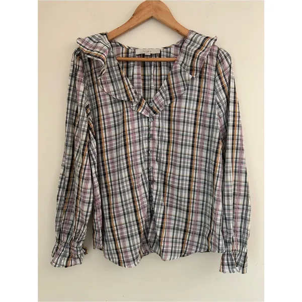 LOFT Multicolor Plaid Ruffle Collar V-Neck Button-Up Long Sleeve Top Preppy M - Image 2