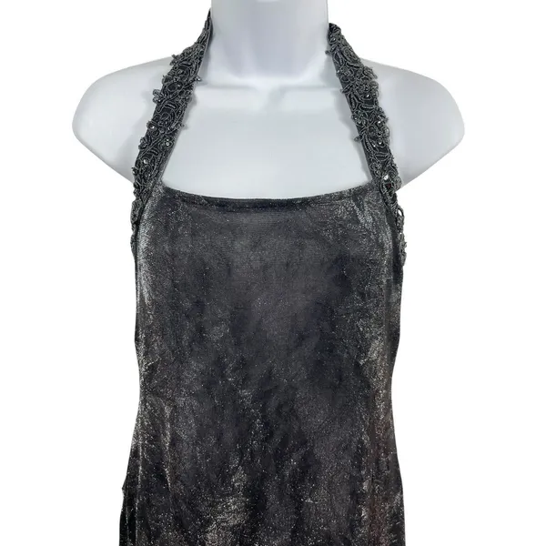 VTG 90s Niki Livas Black Silver Shimmer Halter Beaded Formal Evening Dress 6 Y2K - Image 6
