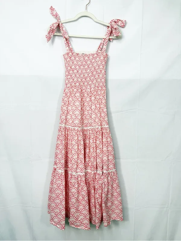 Mon Coco Lucy Convertible Smocked Tiered Maxi Midi Dress Red Vines Block Print - Image 2