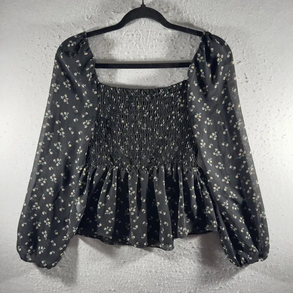 3230 | Ditsy Floral Smocked Peplum Blouse Black Cottagecore Coquette Women S - Image 6