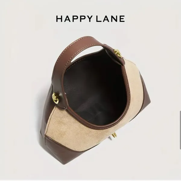 Happy Lane Two-Tone Hobo Shoulder Bag Suede Brown Beige Gold Hardware NIP - Image 5