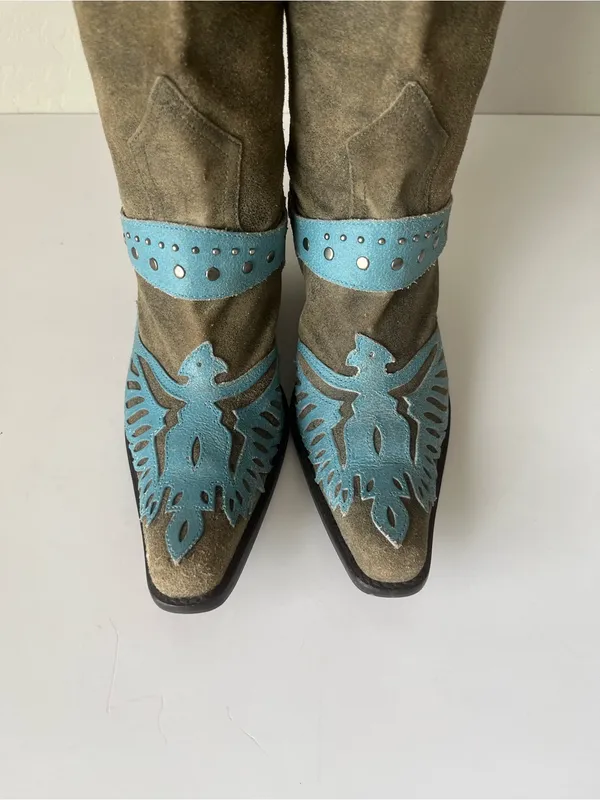MIA Vintage 90s Suede Leather Firebird Western Cowgirl Boots Tan Blue Size 6 - Image 5