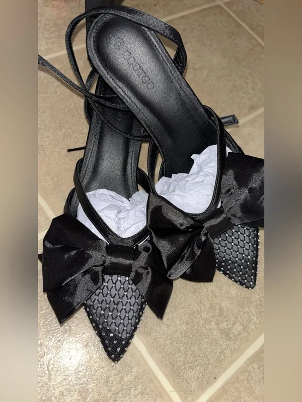Black Studded Pointed Slingback Heels with Satin Bow Size 8.5 - Image 2