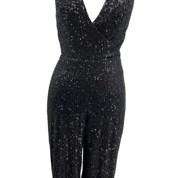 Ieena for Mac Duggal Jumpsuit 26691 Sequin Cut Out Wide Leg‎ Black Size 4 - Image 5