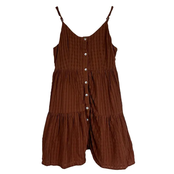 Newbury Kustom Seersucker Tiered Mini Dress Brown Cottagecore Earthy Size S - Image 2