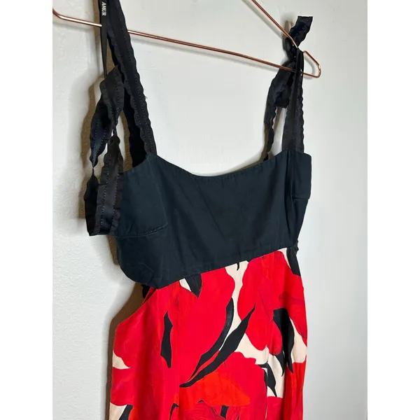 AMUR Black Red Slena Tie Back Floral Print Side Cut-Outs Square Neck Dress sz 8 - Image 8