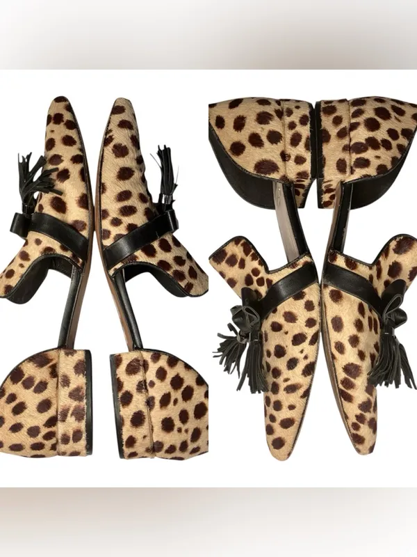 Kenneth Cole D'orsay Flat Pony Hair Leopard Animal Print Pointed Toe Bow Tassel - Image 2