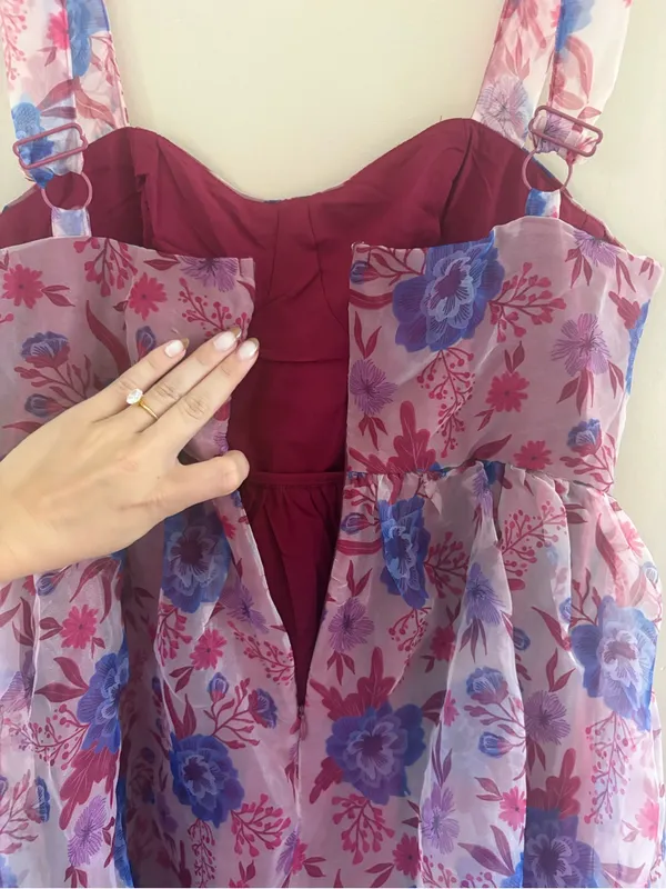 Lulus Delightful Look Magenta Floral Print Bustier Midi Skater Dress Size Large - Image 9