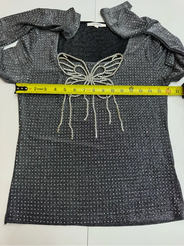 Pastel Rhinestone Butterfly Glitter Long Sleeve Evening Top size L - Image 8