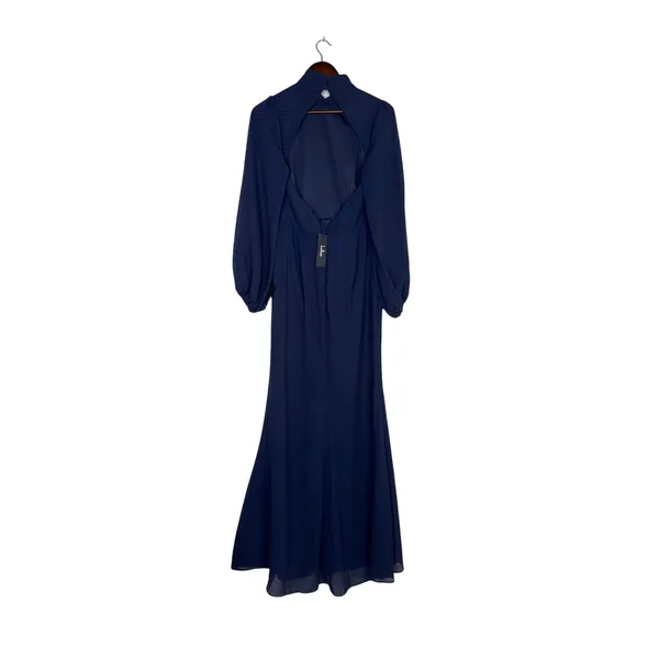 NWT Lulus Graceful Entrance Chiffon Long Sleeve Backless Maxi Dress M Navy Blue - Image 13