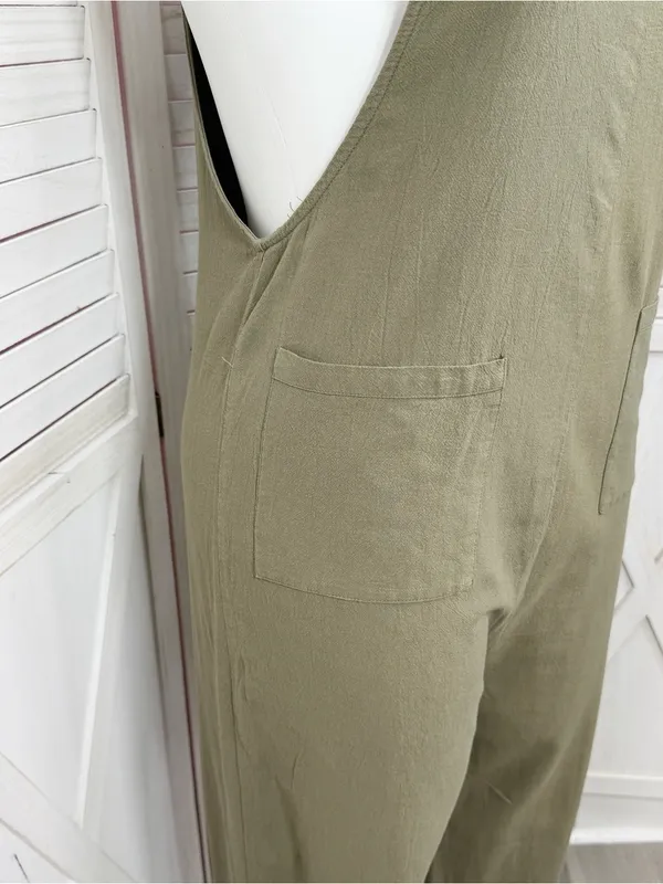 Emery‎ Rose Cotton Front Pocket Cuffed Overalls Jumpsuit Olive Green Large - Image 6