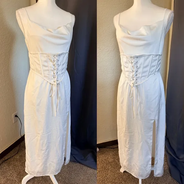 MESHKI‎ White Cowl Neck Lace Up Corset Midi Dress Side Slit Large - Image 5