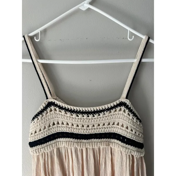 Zara Crochet Knit Bodice Crinkle Midi Dress Cream Black Boho Summer Flowy Size M - Image 4
