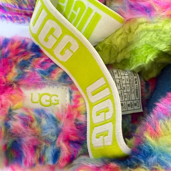 UGG Multicolor Fluffy Slippers with Lime Strap - Image 2