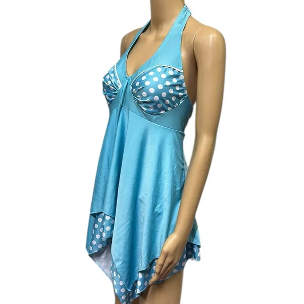 Hula Honey Blue Polka Dot Halter Tie Layered Tankini Top Womens Plus Size 3X - Image 4