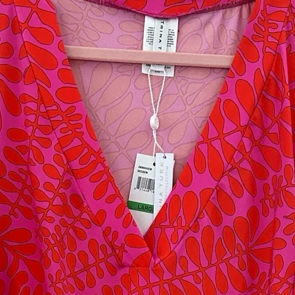 Trina Turk Pink Orange Print Stretch Swim Vneck Popover Coverup L - Image 6